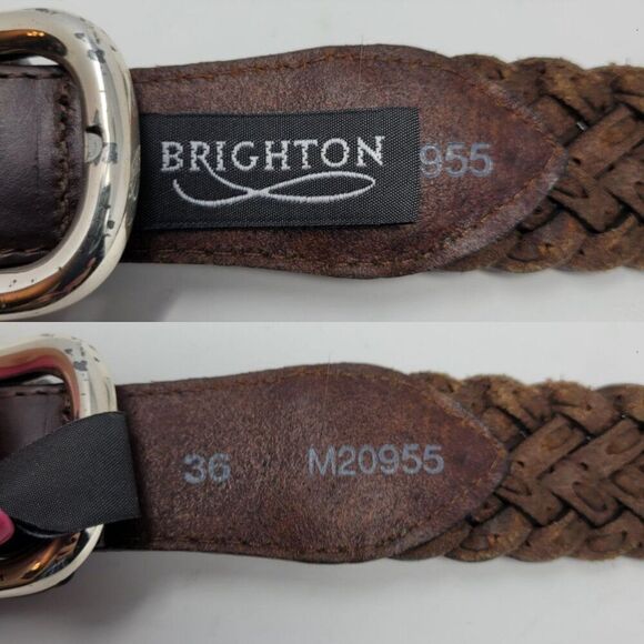 Vtg Brighton Mens Braided Leather Belt 36 Brown Silver Buckle Weaved Country - Picture 3 of 13